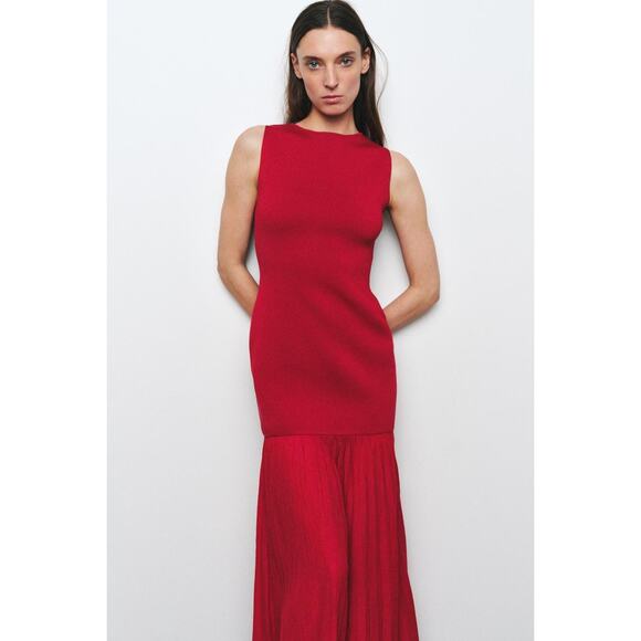 NWT Zara Red Long Combined Knit Dress Size Medium Maxi Stretch Wedding 4192/034 - Picture 2 of 12